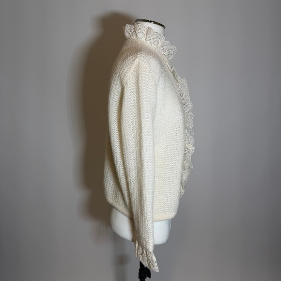 Sidney Gould Vintage 1960s Cream Mohair Knit Lace Ruffle Cardigan Sweater Womens - Picture 3 of 10